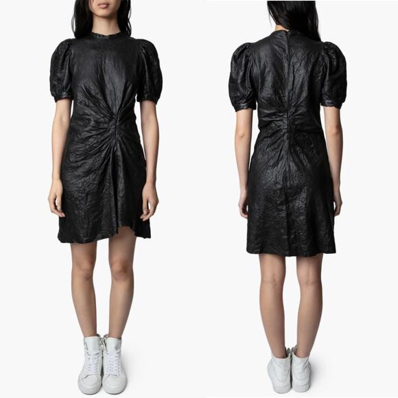 Zadig & Voltaire Rixe Cuir Froisse Crinkle‎ Leather Mini Dress Black Size XS - Picture 1 of 10
